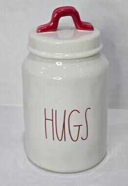 Rae Dunn HUGS Canister Red Handle Artisan Collection Ceramic Cookie Treat Jar